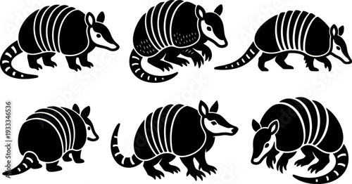 Flat design armadillo silhouette set in six poses side view walking curled tail striped shell bold black isolated vector icons