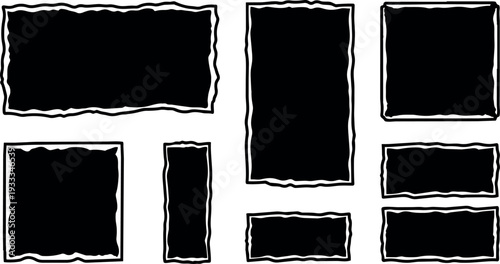 Hand drawn wavy frame set vector art nine black rectangular labels in ink style for layout and mockups print web