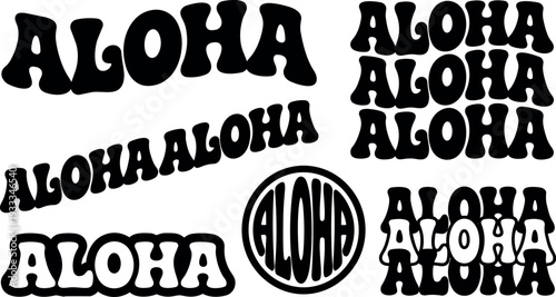 Psychedelic seventies groovy vector word art aloha variations in bold wavy lettering stacked circular and distorted layouts black white isolated