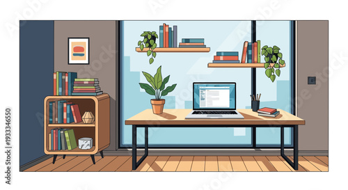 Modern home office interior with a laptop on a wooden desk 1.