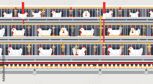 Intensive battery cages for laying hens in modern poultry farming.