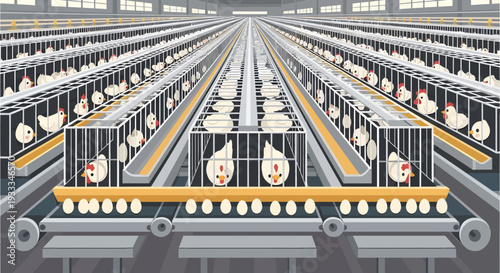 Industrial chicken farm cages with eggs on conveyor belt.