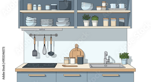 Modern kitchen interior illustration with cabinets and appliances.