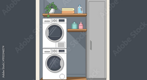 Modern laundry room interior with stacked washing machine and dryer.