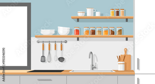 Modern kitchen interior with wooden countertop and shelves.