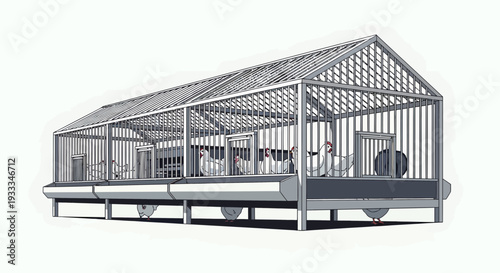 Modern Greenhouse Structure with Rows of Plants Inside.