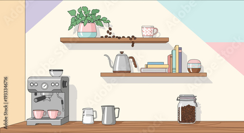 Vector illustration of a modern home coffee brewing station.