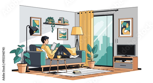 Young man relaxing on a comfortable sofa while reading a book.