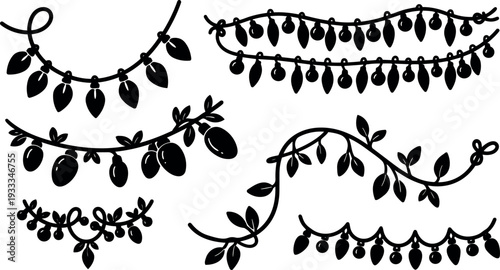 Flat design decorative leaf and berry garlands hanging in varied curved arrangements close up botanical vector silhouette ornaments black isolated