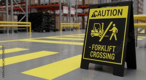 Forklift Crossing Sign Indicating Safety Concerns Within A Large Industrial Warehouse