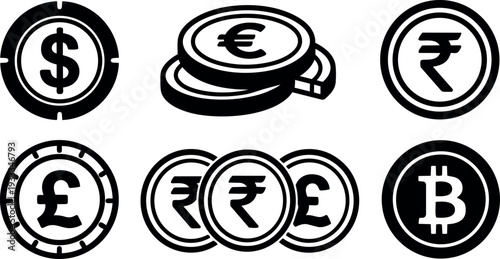 Flat design collection of currency coin icons dollar euro rupee pound bitcoin stacked isolated on white vector background simple bold