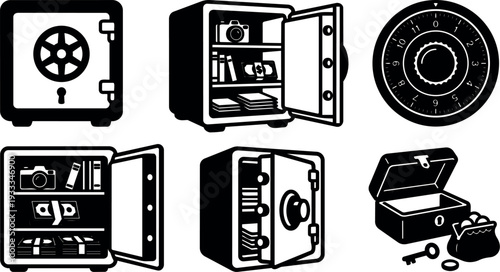 Flat design close up vault and safe icons showing open door stacks of money camera books and lock dial mechanism