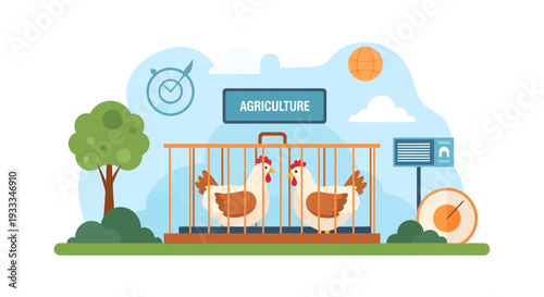 Two Chickens in a Cage on a Farm.