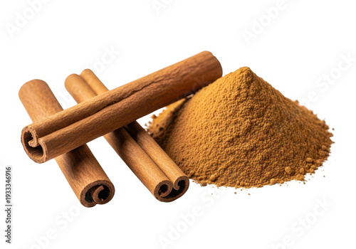 Cinnamon sticks and powder on isolated transparent background for baking and spice