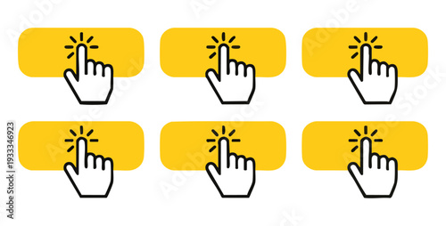 Hand clicking yellow button icon set for mobile application interface design and web interactivity