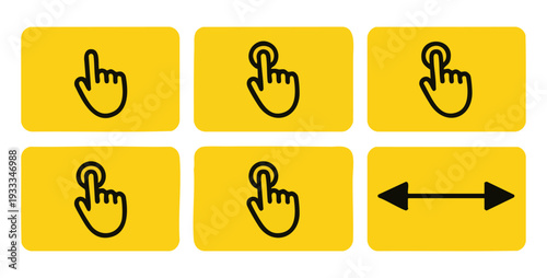 Touch screen gesture icons set on yellow background including tap and swipe navigation symbols vector