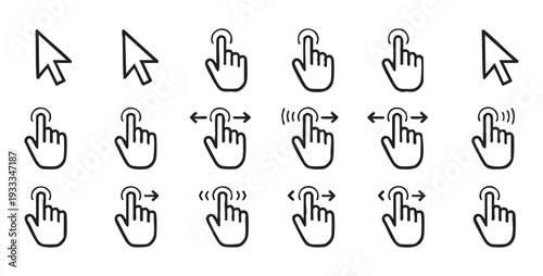 Click and tap hand cursor icon set, touch screen gesture vector illustration