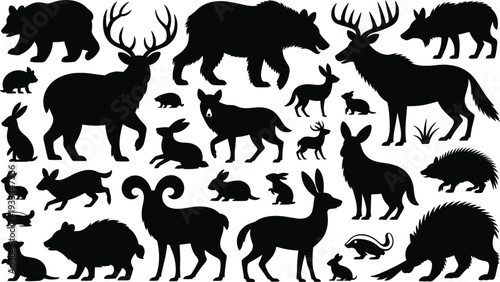 Forest animals silhouettes collection isolated on white background, wild mammal vector set including bear, deer, wolf, rabbit and hedgehog for wildlife design