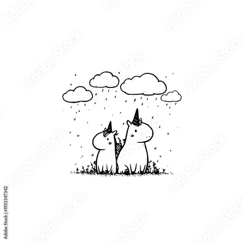 Two Cartoon Unicorns Under Rain Clouds