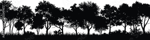 Forest tree silhouette panorama isolated on white background, black woodland landscape vector illustration for nature design, banner, backdrop and outdoor branding