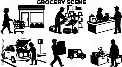 Flat design grocery scene silhouettes showing shoppers cashier parking cart trunk loading delivery van storefront in minimalist black vector icons