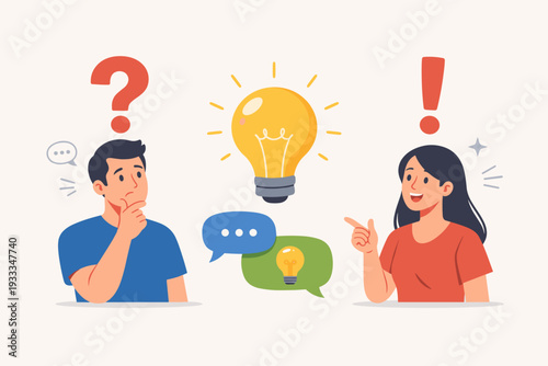 Vector illustration of a man thinking with a question mark and a woman with an exclamation mark finding a solution. Glowing light bulb symbol for creative ideas, brainstorming, and Q&A concept.