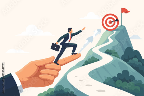 Giant hand helping businessman reach target on mountain peak. Concept of business cooperation, mentorship, guidance, and support for career success. Professional growth and goal achievement.