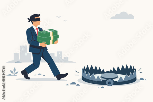 Blindfolded Businessman Carrying Stacks of Cash Money Walking Towards a Dangerous Bear Trap, Concept of Financial Risk, Bad Investment, Corporate Greed, Hidden Dangers, and Business Pitfalls