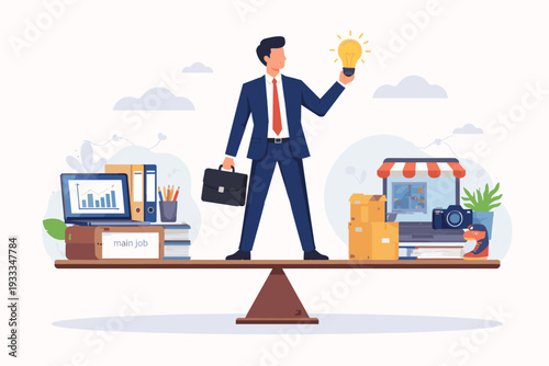 Businessman Balancing Main Job and Side Hustle on a Seesaw, Concept of Career Management, Entrepreneurship, Passive Income, Gig Economy, and Work-Life Balance Flat Vector Illustration Design.