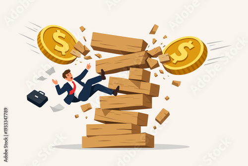 Businessman falling from a collapsing tower of wooden blocks hit by large gold dollar coins, representing financial crisis, investment risk, economic instability, bankruptcy, and business failure.