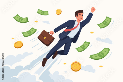 Successful Businessman Flying Like a Superhero Through the Sky Surrounded by Falling Money Bills and Gold Coins, Concept of Financial Growth, Wealth, Career Achievement, and Business Prosperity