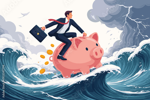 Businessman Riding a Piggy Bank on Stormy Ocean Waves, Concept of Financial Crisis, Economic Recession, Saving Money for a Rainy Day, Risk Management, Investment Security, and Market Volatility.