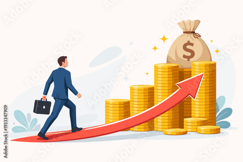 Businessman walking up a rising arrow towards stacks of gold coins and a money bag, symbolizing financial growth, career success, salary increase, and investment profit vector illustration.