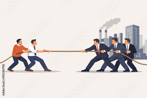 Small Business Owners Competing Against Large Corporations in a Tug of War Struggle, Businessmen Pulling Rope Symbolizing Market Competition, Industrial Background with City and Factory Smoke