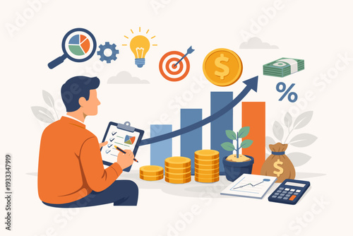 Businessman planning investment strategy and analyzing financial data for income growth with rising bar chart, money coins, calculator, and business icons for success and wealth management.