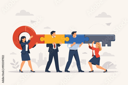 Business Team Holding a Huge Puzzle Key Representing Success and Teamwork. Collaborative Group of Professionals Carrying a Large Interlocking Jigsaw Key as a Metaphor for a Business Solution.