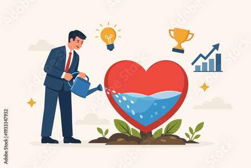 Businessman watering a heart-shaped plant to nurture passion for work, career growth, and success. Concept of positive mindset, motivation, and emotional intelligence in a professional business.