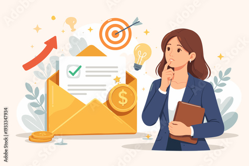 Professional woman considering a job offer or promotion for a higher salary. Vector illustration of career growth, recruitment, business success, financial goals, and employment opportunities.
