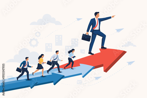 Business Leadership and Corporate Growth Concept with a Group of Professionals Following a Leader Pointing Forward on a Rising Arrow Towards Success, Career Advancement, and Teamwork Strategy.