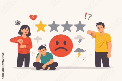 Negative Feedback Concept with Unhappy Customers Giving One Star Rating and Thumbs Down, Bad User Experience, Poor Service Quality, Disappointed Clients, and Business Reputation Management