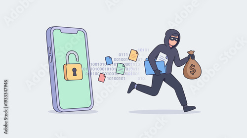 Cyber Security Concept of Mobile Data Theft with a Hacker Thief Stealing Personal Information and Money from a Smartphone with an Unlocked Padlock, Vector Illustration of Digital Crime.
