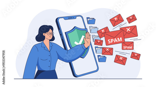 Spam Email Protection Concept with Woman Blocking Junk Mail Messages on Mobile Phone, Cybersecurity Shield and Mailbox Organization Illustration for Digital Safety and Data Privacy Management.