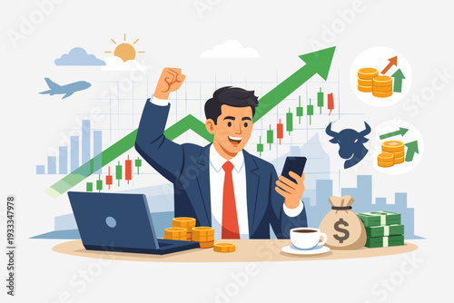 Successful Businessman or Forex Trader Celebrating Profit and Stock Market Growth with Laptop and Smartphone, Bullish Trend, Financial Investment Success, Wealth and Money Concept Vector.