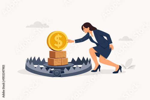 Businesswoman reaching for a gold dollar coin placed on a dangerous bear trap, conceptual vector illustration of financial risk, investment trap, greed, and the importance of risk management.