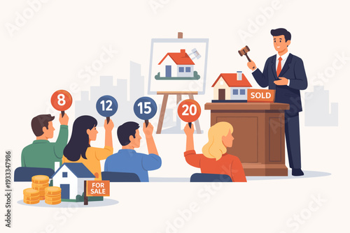 Professional auctioneer selling a house to a group of bidders holding numbered paddles at a real estate auction. Concept of property investment, home buying, and competitive bidding process.