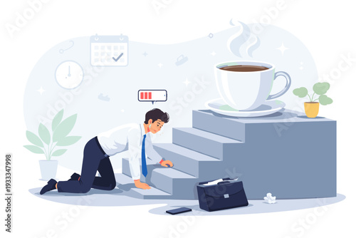 Tired Businessman with Low Battery Icon Crawling Up Stairs Towards Giant Cup of Coffee for Energy Boost. Concept of Work Burnout, Fatigue, Stress, and Need for Caffeine Break in Office Setting.