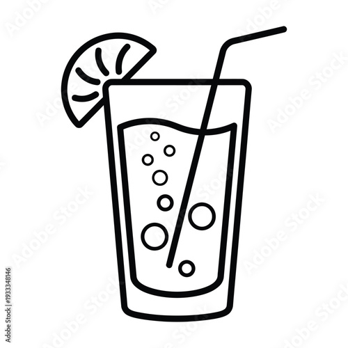 Refreshing drink with straw and lemon slice, bubbles in glass, minimalist line drawing.