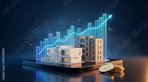 real estate investment and property market growth concept featuring 3d architectural house models on a digital tablet with a glowing financial blue bar graph and gold coins
