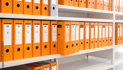 Organized shelves of orange file folders with lock symbols, filled with documents, conceptual representation of secure data archiving system.