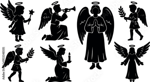 Flat design silhouette angel icon set with praying kneeling trumpet candle and laurel poses in black and white vector collection